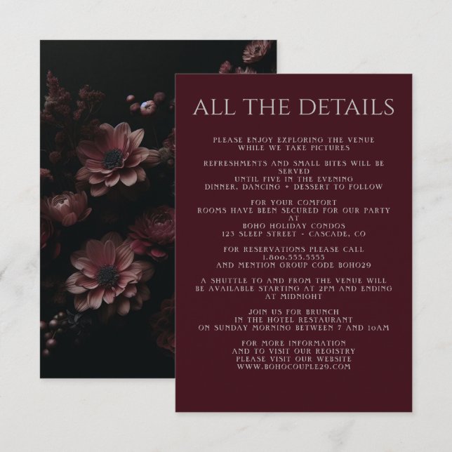 Burgundy Moody Floral Begleitkarte (Vorne/Hinten)