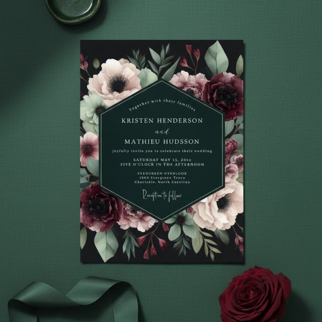 Burgundy Moody Floral Elegance Wedding Einladung (Von Creator hochgeladen)