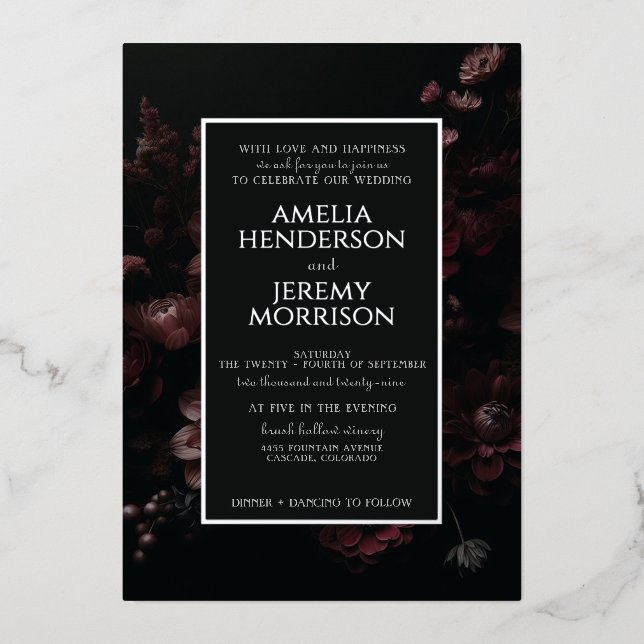 Burgundy Moody Floral Folieneinladung (Vorderseite)