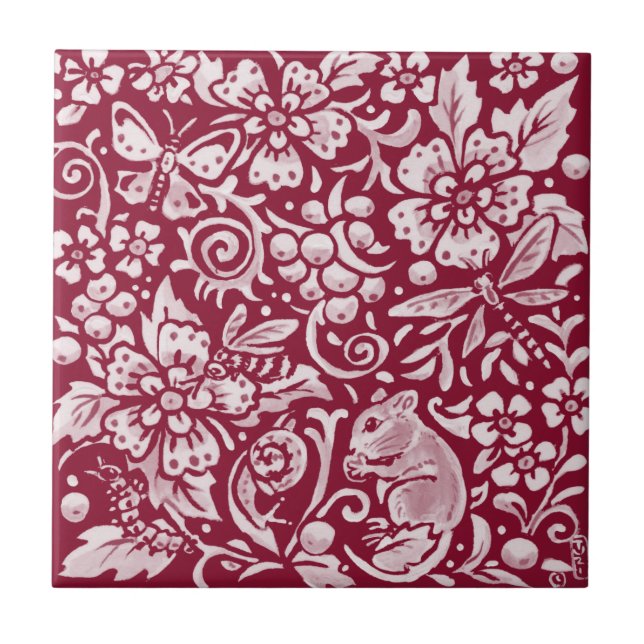 Burgundy Mouse Maroon Woodland Tier Verziert Fliese (Vorderseite)