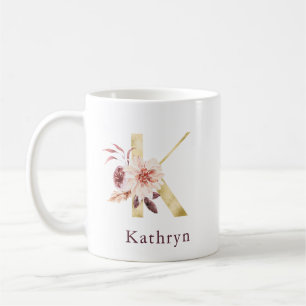 Burgundy Name and Pink Floral Monogram Letter K Kaffeetasse