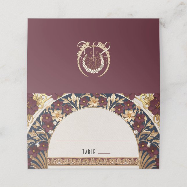 Burgundy Name Cards Hochzeitstisch Vintag Platzkarte (Außenseite Aufgefaltet)