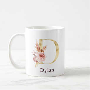 Burgundy Name und Pink Floral Monogram Letter D Kaffeetasse