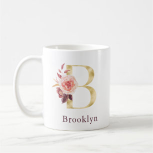 Burgundy Name und Rosa Blütenmonogramm Letter B Co Kaffeetasse