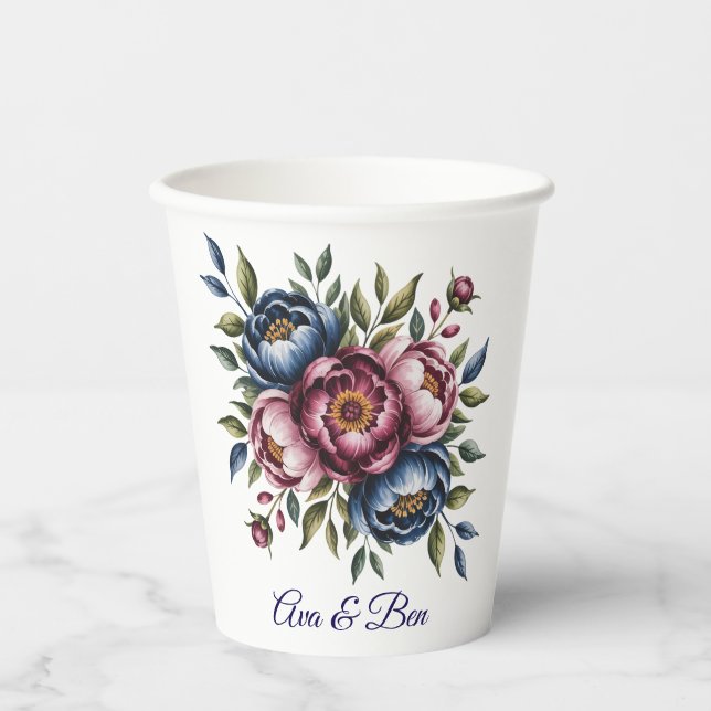 Burgundy Navy and Blush Peony Wedding Floral Pappbecher (Vorderseite)
