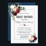 Burgundy Navy Blauer, gepunkteter Rahmen Sweet 16 Einladung<br><div class="desc">Elegantes Kartendesign mit herrlicher Aquarellfarbe Burgundy Blume Bouquets,  Blumenspalte,  wunderschöner,  blau gepunkteter Rahmen auf weißem Hintergrund; auf der Rückseite die gleichen Blume auf einem marineblauen Hintergrund. Verwenden Sie das Tool Anpassen,  um Ihre Informationen hinzuzufügen,  Änderungen vorzunehmen. Für passende Artikel besuchen Sie bitte meine Burgundy Navy Blue Floral Frame Collection.</div>