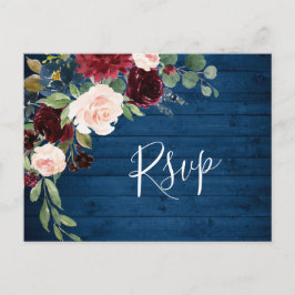 Burgundy Navy Blue Blush Watercolor Wedding RSVP Postkarte
