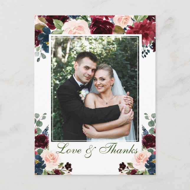 Burgundy Navy Blue Blush Wedding Foto Vielen Dank Postkarte (Vorderseite)