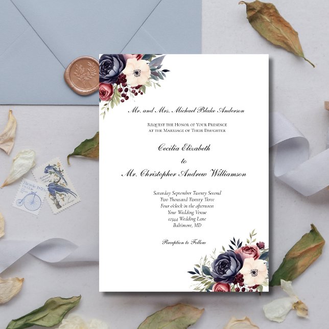 Burgundy Navy Blue Cream Floral Formal Wedding Einladung (Burgundy Navy Blue Cream Watercolor Floral Formal Traditional Classic Wedding Invitation)