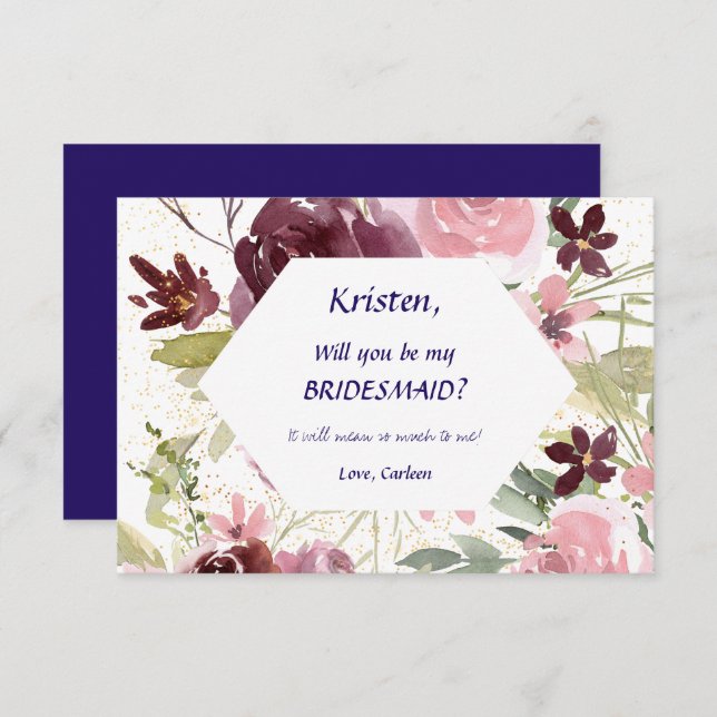 Burgundy Navy Blue Floral Be My Bridesmaid Einladung (Vorne/Hinten)