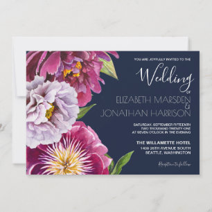 Burgundy Navy Blue Floral Foto Dark Wedding Einladung