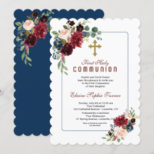 Burgundy Navy Blue Floral Frame Holy Communion Einladung