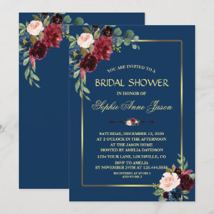Burgundy Navy Blue Floral Gold Frame Brautparty Einladung