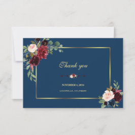 Burgundy Navy Blue Floral Golden Frame Wedding Dankeskarte