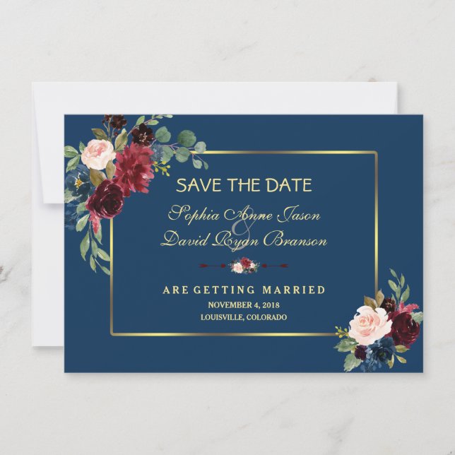 Burgundy Navy Blue Floral Golden Save the Date (Vorderseite)