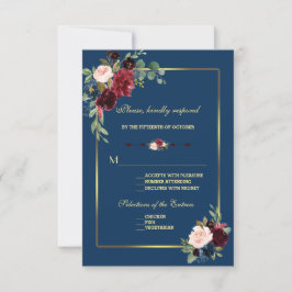 Burgundy Navy Blue Floral Golden Wedding RSVP Karte