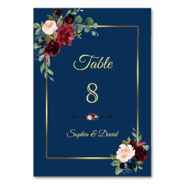 Burgundy Navy Blue Floral Golden Wedding Tischnummer