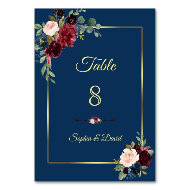 Burgundy Navy Blue Floral Golden Wedding Tischnummer (Vorderseite)