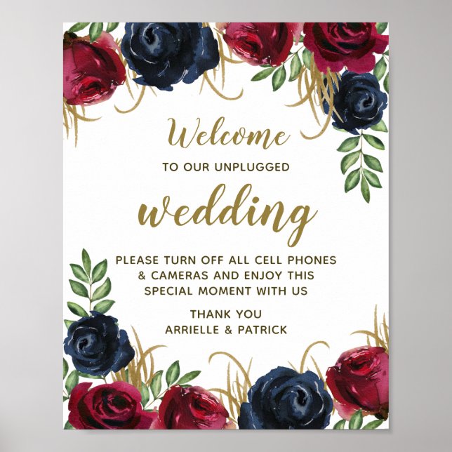 Burgundy Navy Blue Floral Unplugged Wedding Sign Poster (Vorne)