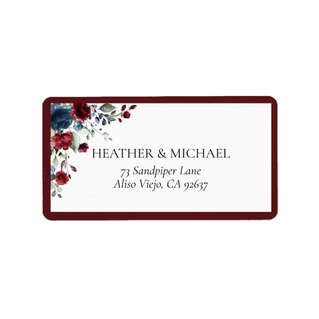 Burgundy Navy Blue Floral Watercolor-Adresse Adressaufkleber (Vorne)