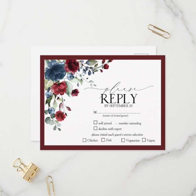 Burgundy Navy Blue Floral Watercolor Script UAWG Einladungspostkarte (Vorderseite/Rückseite Beispiel)