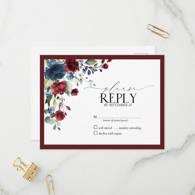 Burgundy Navy Blue Floral Watercolor Script UAWG Einladungspostkarte (Vorderseite/Rückseite Beispiel)