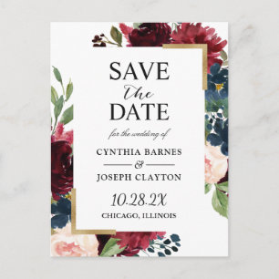 Burgundy Navy Blue Floral Wedding Save the Date Postkarte