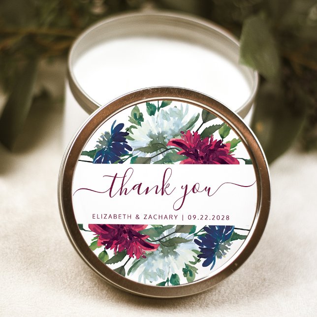 Burgundy Navy Blue Floral Wedding Vielen Dank Runder Aufkleber (Von Creator hochgeladen)