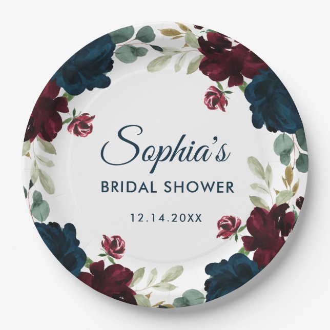 Burgundy & Navy Blue Flowers Rustic Bridal Shower Pappteller (Vorderseite)