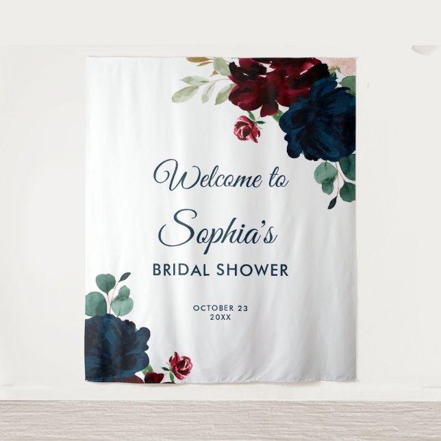 Burgundy & Navy Blue Flowers Rustic Bridal Shower Wandteppich (Vorderseite)