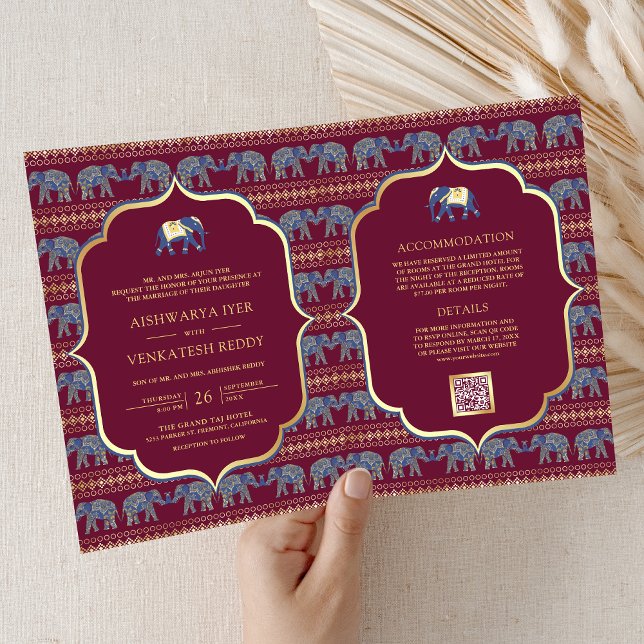 Burgundy Navy Blue Gold Elephant Indian Wedding Einladung (Von Creator hochgeladen)