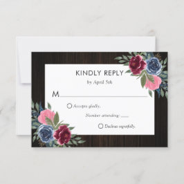Burgundy Navy Blue Pink Wood Floral Wedding RSVP Karte