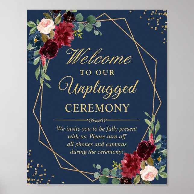 Burgundy Navy Blue Unplugged Wedding Zeremony Sign Poster (Vorne)