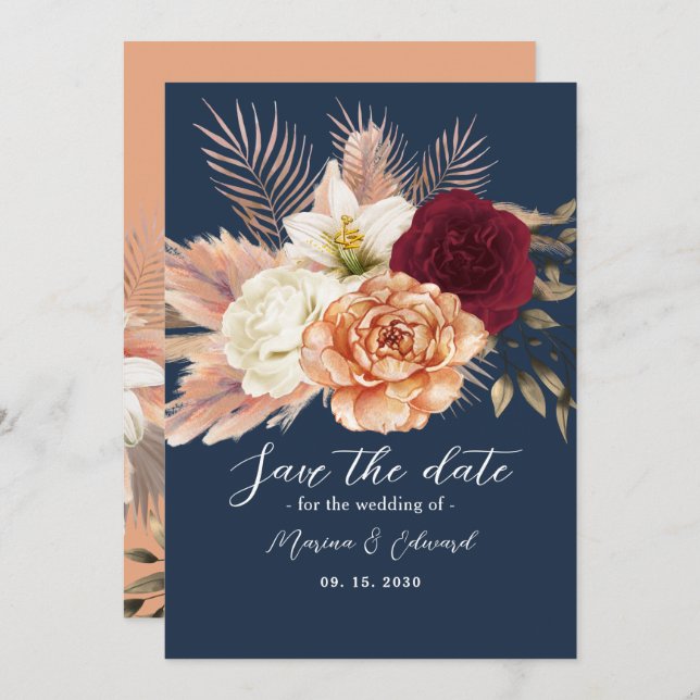 Burgundy Navy Blue Wedding Save The Date (Vorne/Hinten)
