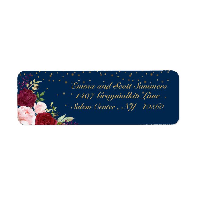 Burgundy Navy Blume Address Label Gold (Vorne)