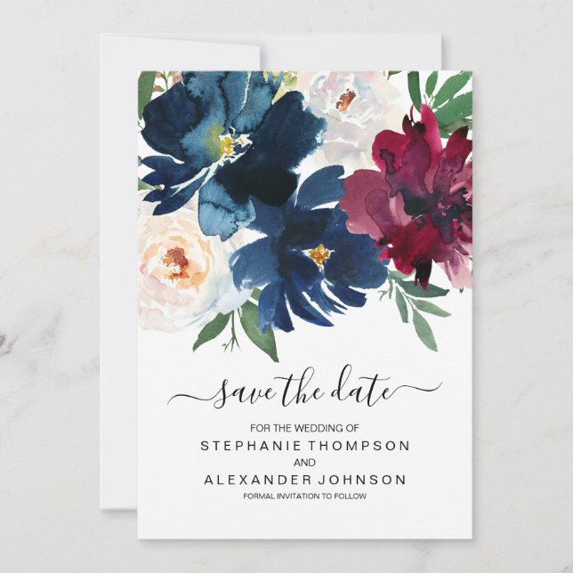 Burgundy Navy-Blume Save the Date (Vorderseite)