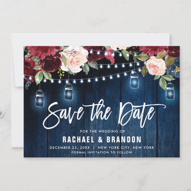 Burgundy Navy Blumenzellenschachteljar Save The Date (Vorderseite)