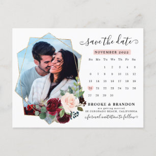 Burgundy Navy Blush Bloral Calendar Save the Date Postkarte