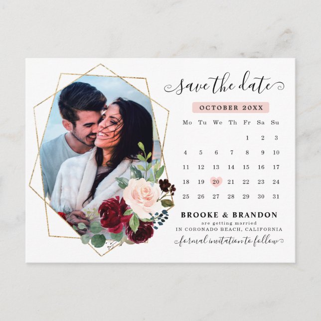 Burgundy Navy Blush Bloral Calendar Save the Date Postkarte (Vorderseite)