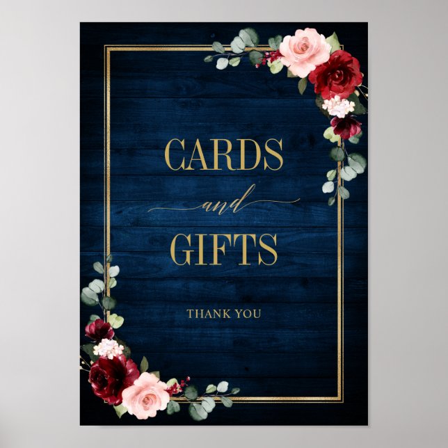 Burgundy Navy Blush Bloral Gold Cards und Geschenk Poster (Vorne)