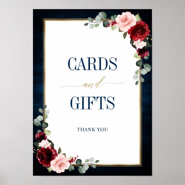 Burgundy Navy Blush Bloral Gold Cards und Geschenk Poster (Vorne)