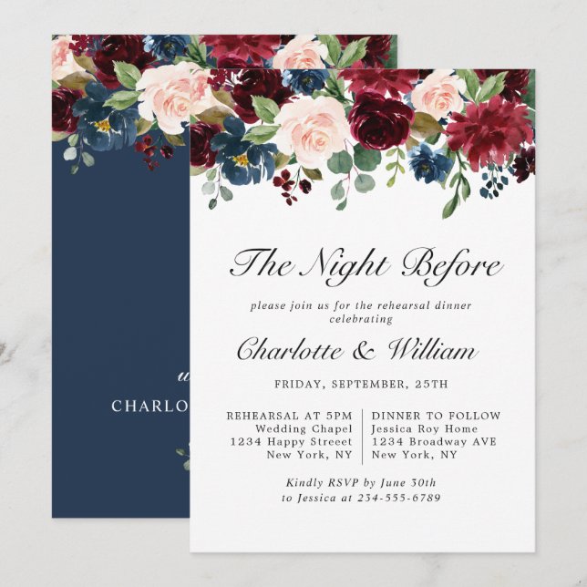 Burgundy Navy Blush Blume PROBE DINNER Einladung (Vorne/Hinten)