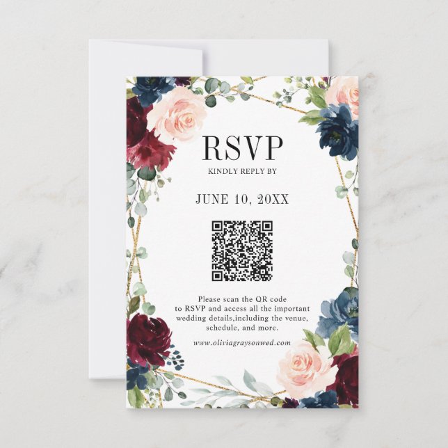 Burgundy Navy Blush Boho Geometric Wedding QR Code RSVP Karte (Vorderseite)