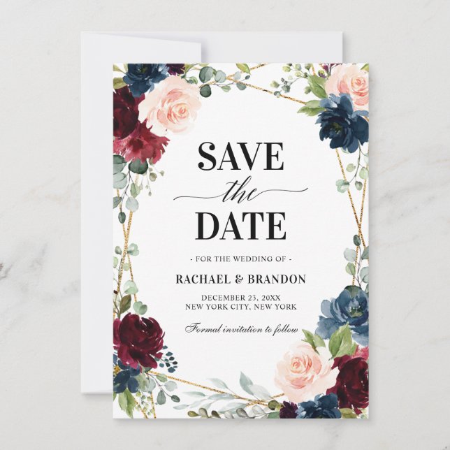 Burgundy Navy Blush Floral Geometric Save the Date (Vorderseite)