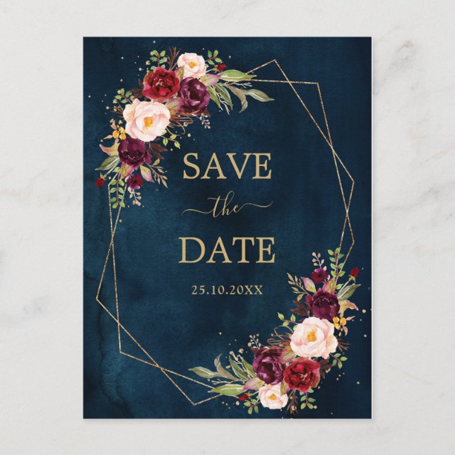 Burgundy Navy Blush Floral Geometric Save the Date Postkarte (Vorderseite)