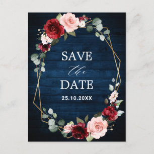 Burgundy Navy Blush Floral Geometric Save the Date Postkarte