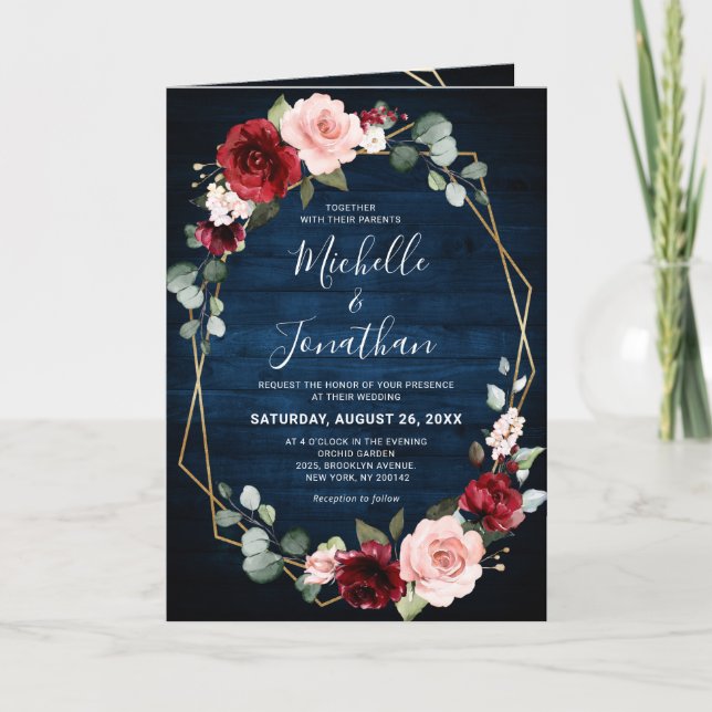 Burgundy Navy Blush Floral Geometric Wedding Einladung (Vorderseite)
