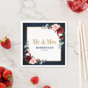 Burgundy Navy Blush Floral Geometric Wedding Napki Serviette