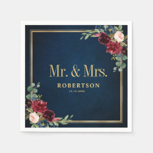 Burgundy Navy Blush Floral Geometric Wedding Napki Serviette