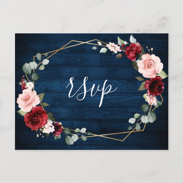 Burgundy Navy Blush Floral Geometric Wedding Postkarte (Vorderseite)